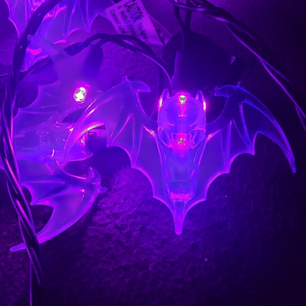 Purple Bat String Lights - Decorative Halloween LED Lights. Flickering